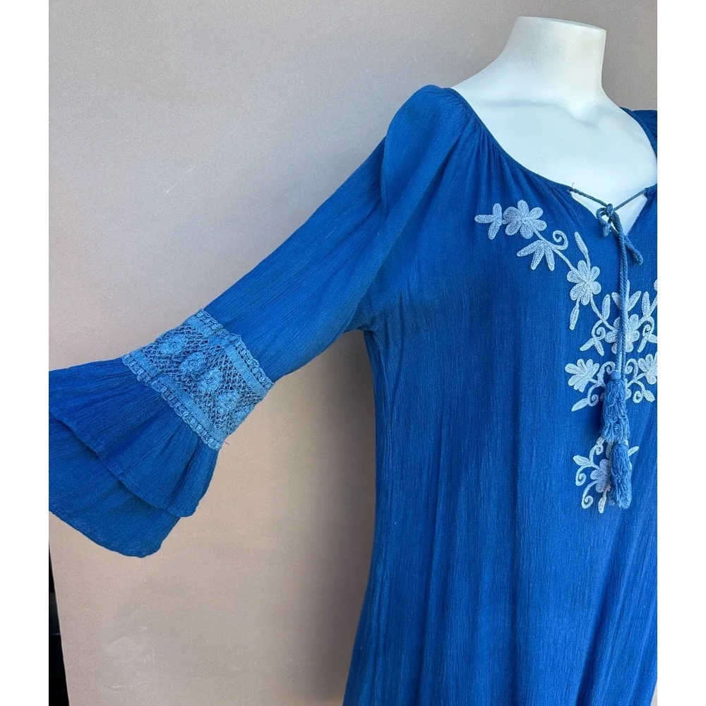 Studio West Womens L Blue Bell Sleeve Embroidered Floral Shift Dress Boho Coasta